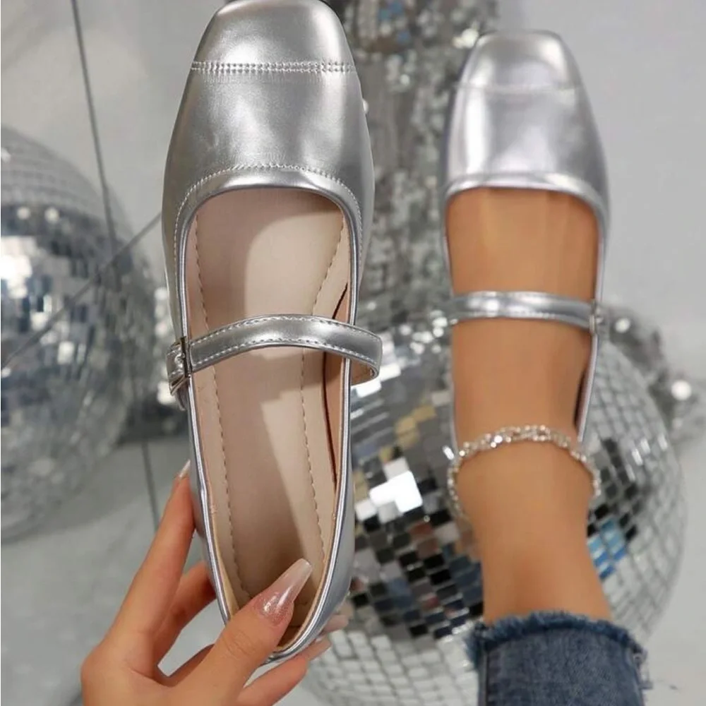 Rebellious Rose Metallic Silver Mary Jane Flats